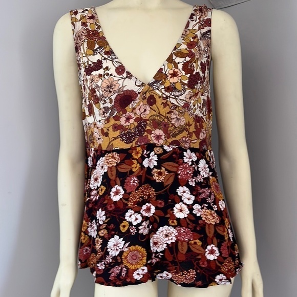 MAUNCES Women’s V-Neck Floral Sleeveless Boho Tank Top Blouse Brown Pink L - Picture 1 of 14